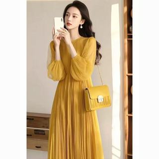 Hàn Quốc Sty Le Nữ Puff Dài Tay Voan Xếp Ly Xoay Maxi Đầm Dự Tiệc Dài Hàng Sẵn Có