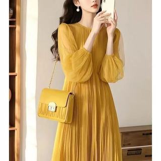 Hàn Quốc Sty Le Nữ Puff Dài Tay Voan Xếp Ly Xoay Maxi Đầm Dự Tiệc Dài Hàng Sẵn Có