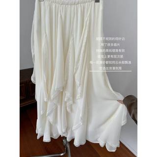 Phong Cách Hàn Quốc Nữ Voan Co Giãn Eo Không Đều Ren Xếp Ly Váy Dài Midi Đầm