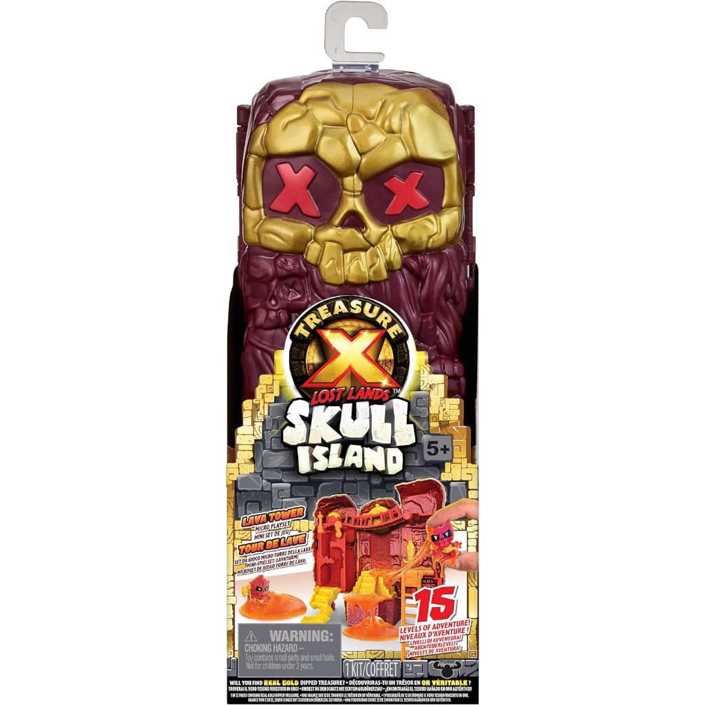 TREASURE X Lost Lands Skull Island Lava Tower Micro Playset, 15 cấp độ phiêu lưu. Sống sót trong bẫy và khám phá 2 nhân vật hành động cỡ nhỏ. Bạn sẽ tìm thấy Tre nhúng vàng thật