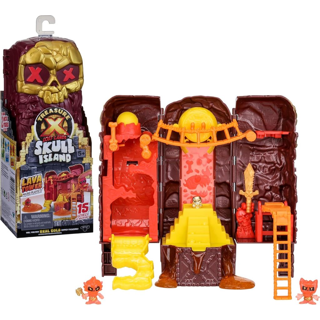 TREASURE X Lost Lands Skull Island Lava Tower Micro Playset, 15 cấp độ phiêu lưu. Sống sót trong bẫy và khám phá 2 nhân vật hành động cỡ nhỏ. Bạn sẽ tìm thấy Tre nhúng vàng thật