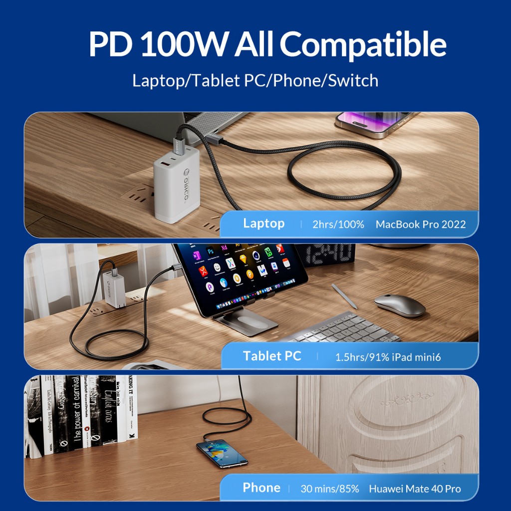 ORICO - Cáp sạc nhanh PD100W 20V 5A Nylon Bradied USB C sang C E-marker cho Samsung Mac (GQ)