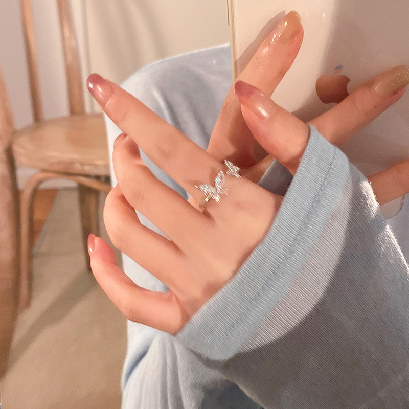 🍥jellycuty🍥Nhẫn bướm Zircon đôi sang trọng nhẹ nhàng Bạc 925 Sterling Nữ Niche Nhẫn mở đầu cao cấp
