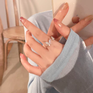 🍥jellycuty🍥Nhẫn bướm Zircon đôi sang trọng nhẹ nhàng Bạc 925 Sterling Nữ Niche Nhẫn mở đầu cao cấp