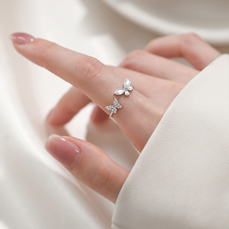 🍥jellycuty🍥Nhẫn bướm Zircon đôi sang trọng nhẹ nhàng Bạc 925 Sterling Nữ Niche Nhẫn mở đầu cao cấp