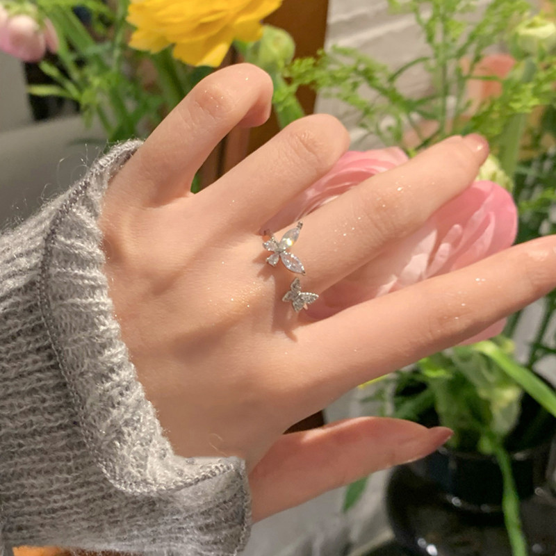 🍥jellycuty🍥Nhẫn bướm Zircon đôi sang trọng nhẹ nhàng Bạc 925 Sterling Nữ Niche Nhẫn mở đầu cao cấp