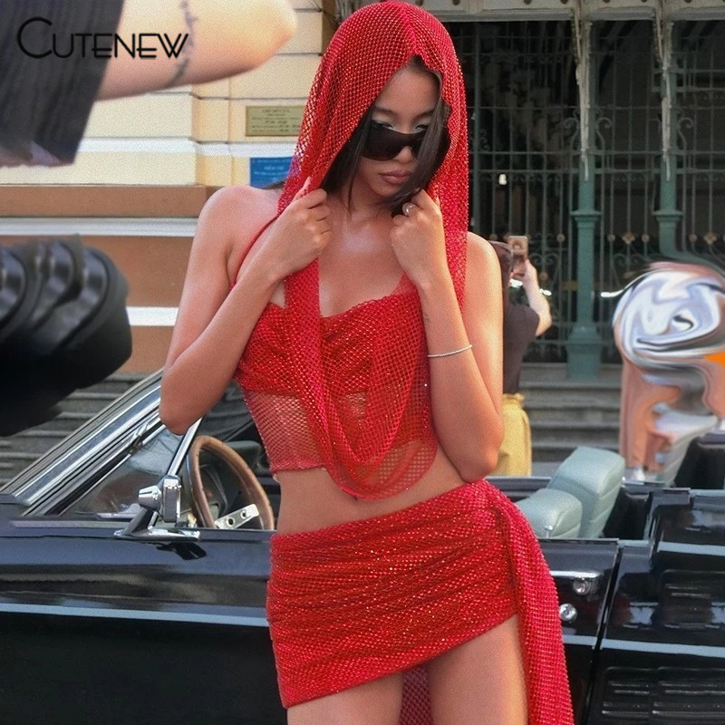 Cutenew Sequins Lưới Gợi Cảm Hai Mảnh Bộ Nữ Mùa Hè Có Mũ Trùm Đầu Tank Top + Váy Dự Tiệc Trang Phục