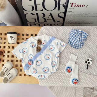 Áo liền quần dài tay xanh Đôrêmon cotton dáng rộng mềm mại thoải mái cho bé 0-24 tháng