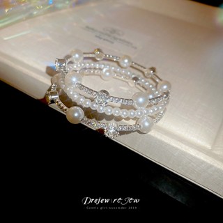 DREJEW Vòng tay mở tròn nhiều lớp ngọc trai dát kim cương kiểu Pháp vòng tay nhẹ nhàng sang trọng trang trí tay cao cấp