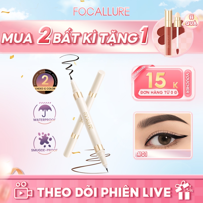 Ảnh Bút kẻ mắt dạng lỏng FOCALLURE 2 đầu trong 1 khô nhanh chống nước không nhòe màu đen nâu 1.2g 1