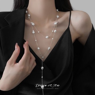 DREJEW Vòng cổ ngọc trai nhân tạo dài không đều Dây chuyền áo len sang trọng nhẹ kiểu Pháp