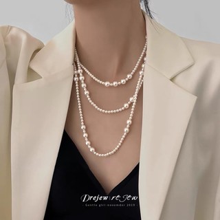 DREJEW Vòng cổ ngọc trai nhân tạo dài không đều Dây chuyền áo len sang trọng nhẹ kiểu Pháp