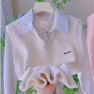 Phong Cách Hàn Quốc Nữ Dệt Kim Không Tay Trơn Rời Cổ Chữ V Dệt Kim Áo Len Cổ Chữ V Rời