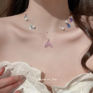 DREJEW Vỏ Đuôi Cá Ngọc Trai Vòng Cổ Siêu Cổ Tích Tươi Ngọt Ngào Xương Cổ Ánh Sáng Sang Trọng Cao Cấp Sense Vòng Cổ