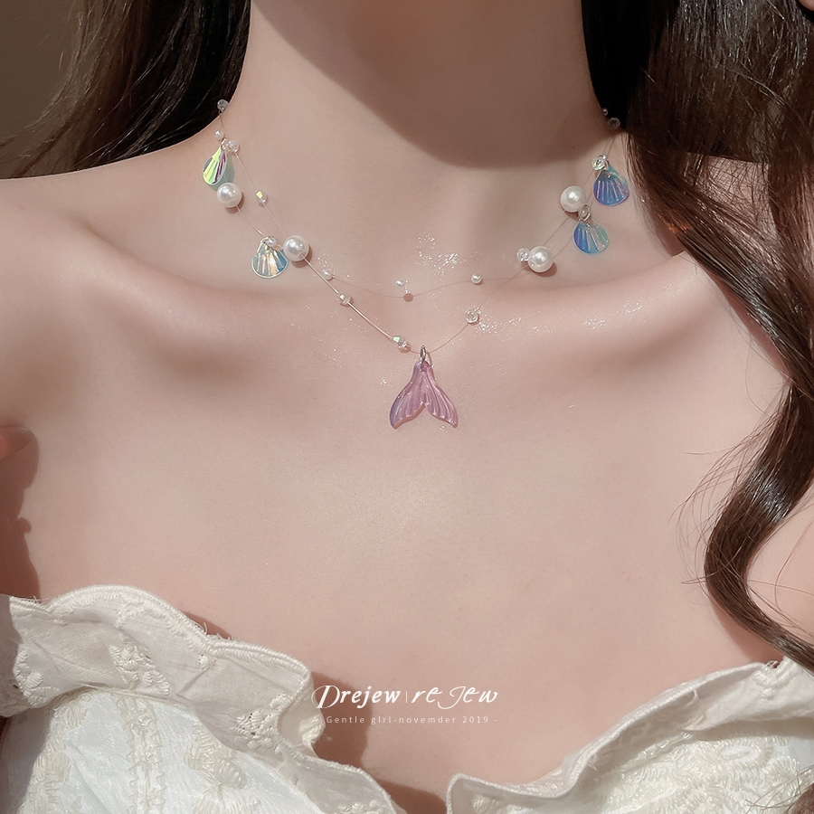 DREJEW Vỏ Đuôi Cá Ngọc Trai Vòng Cổ Siêu Cổ Tích Tươi Ngọt Ngào Xương Cổ Ánh Sáng Sang Trọng Cao Cấp Sense Vòng Cổ