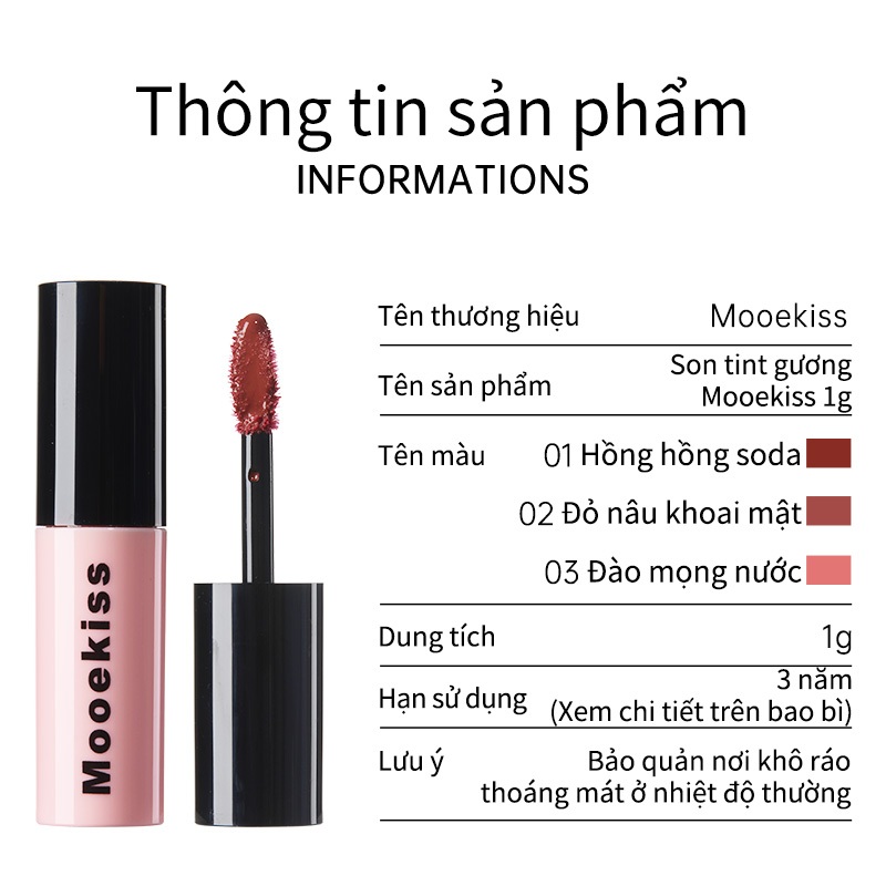 [KOL] Son Tint Mooekiss Hiệu Ứng Gương, Căng Bóng Môi, Tôn Da, Mỏng Nhẹ, Dễ Tán 1g