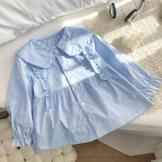 MuyoNowo Bé Gái Cổ Búp Bê Áo Nơ Thêu Ruffle Dài Tay Áo Sơ Mi Trẻ Em