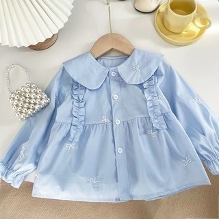 MuyoNowo Bé Gái Cổ Búp Bê Áo Nơ Thêu Ruffle Dài Tay Áo Sơ Mi Trẻ Em