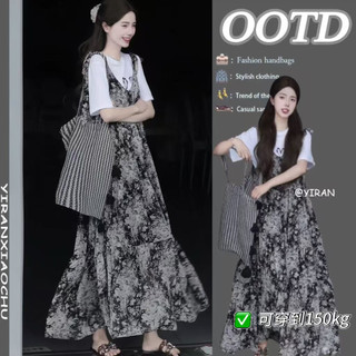 M-4XL Plus Size Đầm Nữ Váy Không Tay Rời + Áo Thun Tay Ngắn Bao Bụng Đẹp Thường Ngày Phù Hợp Với Nữ Mùa Hè Phong Cách Nhẹ Nhàng Hoa Sling Váy Nhẹ Nhàng Trưởng Thành Váy Dài Bộ Đồ Hai Mảnh Plus Size Nữ