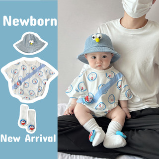 Áo liền quần dài tay xanh Đôrêmon cotton dáng rộng mềm mại thoải mái cho bé 0-24 tháng