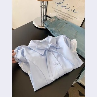 Áo sơ mi nữ tay ngắn ren phồng phong cách Hàn Quốc
