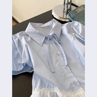 Áo sơ mi nữ tay ngắn ren phồng phong cách Hàn Quốc