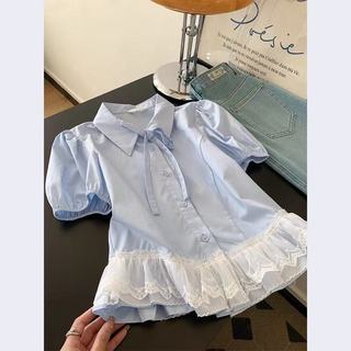 Áo sơ mi nữ tay ngắn ren phồng phong cách Hàn Quốc