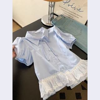 Áo sơ mi nữ tay ngắn ren phồng phong cách Hàn Quốc