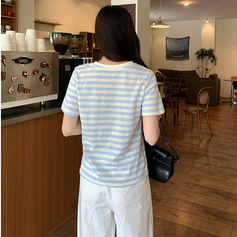 SUXI Áo thun Cotton thêu nơ sọc cổ điển Áo thun nữ mới 240727