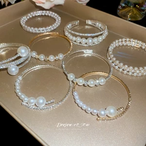 DREZEW Vòng tay mở ngọc trai nhiều lớp dát kim cương kiểu Pháp cổ điển thời trang vòng tay đa năng nhẹ sang trọng trang trí tay cao cấp