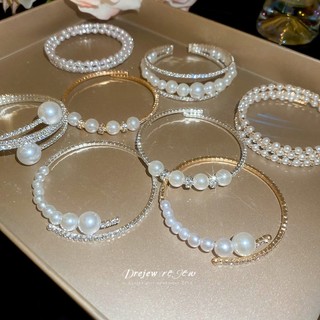 DREZEW Vòng tay mở ngọc trai nhiều lớp dát kim cương kiểu Pháp cổ điển thời trang vòng tay đa năng nhẹ sang trọng trang trí tay cao cấp
