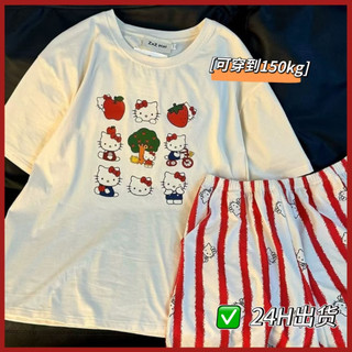 Bộ Đồ Ngủ Kích Thước Lớn Nữ Sọc Đỏ Kitty Bộ Đồ Ngủ Tay Ngắn Áo Quần Short Hai Mảnh Nữ Mùa Hè Mỏng Phong Cách Có Thể Mặc Bên Ngoài Bộ Đồ Ngủ Hoạt Hình Loungewear Quần Bộ Đồ Ngủ Hợp Thời Trang Quần Áo Nữ Size Lớn