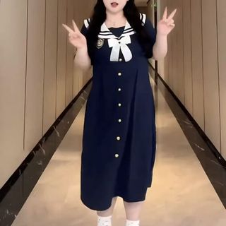M-5XL Đầm Size Lớn Nữ [Chất Liệu Polyester Thoải Mái Thân Thiện Với Da] Thịt Tây Tạng Váy Phong Cách Preppy Giảm Tuổi Váy chữ a Mùa Hè Hơi Béo mm Ôm Hơn Nhìn Bao Bụng Pháp Navy Co