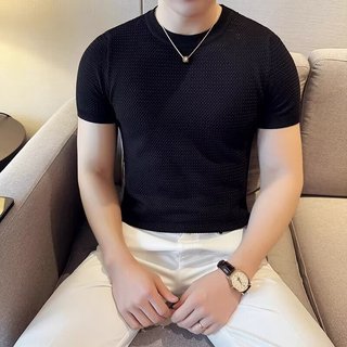 Áo thun dệt kim cao cấp Nam tay ngắn Ice Silk Phong cách mỏng Slim-fit Mùa hè cổ tròn co giãn T @