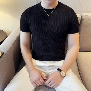 Áo thun dệt kim cao cấp Nam tay ngắn Ice Silk Phong cách mỏng Slim-fit Mùa hè cổ tròn co giãn T @