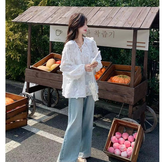 Thời trang Hàn Quốc Nữ dài tay cổ tròn dáng rộng cổ tròn dáng rộng áo sơ mi áo sơ mi