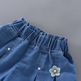 MuyoNowo Bé Gái Xếp Ly Denim Skort 3D Hoa Co Giãn Eo Trẻ Em Quần Short Mùa Hè