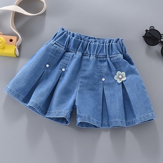MuyoNowo Bé Gái Xếp Ly Denim Skort 3D Hoa Co Giãn Eo Trẻ Em Quần Short Mùa Hè