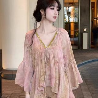 Áo sơ mi dài tay cổ chữ V dáng rộng phong cách Hàn Quốc dành cho nữ