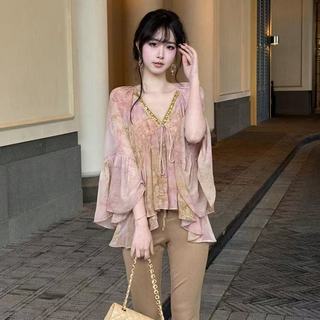 Áo sơ mi dài tay cổ chữ V dáng rộng phong cách Hàn Quốc dành cho nữ