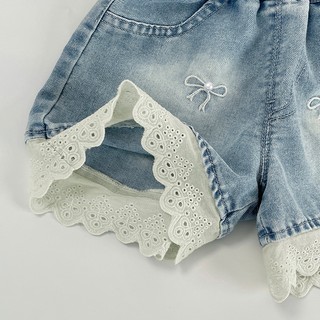 MuyoNowo Bé Gái Ngọc Trai Nơ Thêu Ren Viền Quần Short Denim Co Giãn Eo Trẻ Em Mùa Hè Mềm Quần Jean Quần Short