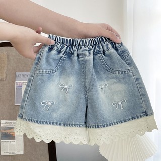 MuyoNowo Bé Gái Ngọc Trai Nơ Thêu Ren Viền Quần Short Denim Co Giãn Eo Trẻ Em Mùa Hè Mềm Quần Jean Quần Short