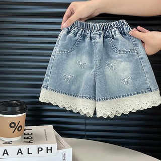 MuyoNowo Bé Gái Ngọc Trai Nơ Thêu Ren Viền Quần Short Denim Co Giãn Eo Trẻ Em Mùa Hè Mềm Quần Jean Quần Short