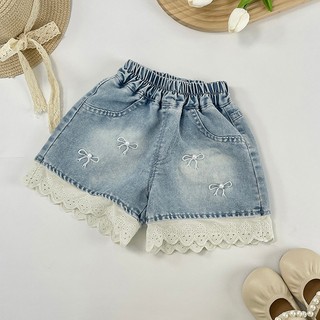 MuyoNowo Bé Gái Ngọc Trai Nơ Thêu Ren Viền Quần Short Denim Co Giãn Eo Trẻ Em Mùa Hè Mềm Quần Jean Quần Short