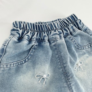 MuyoNowo Bé Gái Ngọc Trai Nơ Thêu Ren Viền Quần Short Denim Co Giãn Eo Trẻ Em Mùa Hè Mềm Quần Jean Quần Short
