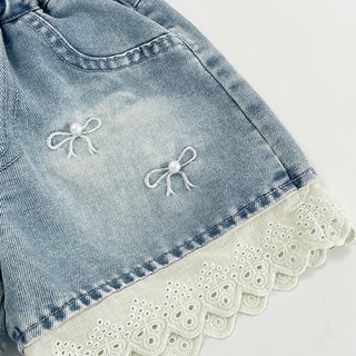 MuyoNowo Bé Gái Ngọc Trai Nơ Thêu Ren Viền Quần Short Denim Co Giãn Eo Trẻ Em Mùa Hè Mềm Quần Jean Quần Short