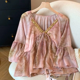 Áo sơ mi dài tay cổ chữ V kiểu Hàn Quốc dành cho nữ