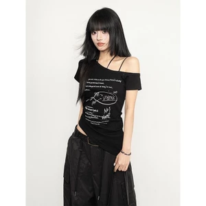 Áo thun lệch vai kiểu Mỹ nữ in hình eo ngắn tay màu đen cinched top