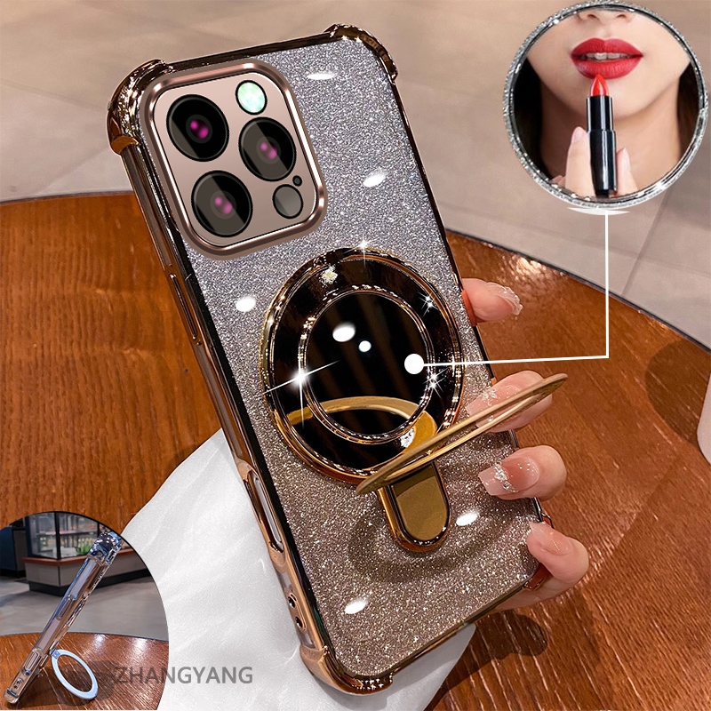 Ốp cho iPhone 15 Pro Max/15 Plus mạ điện, hiệu ứng gương, giá đỡ, silicon TPU chống sốc
