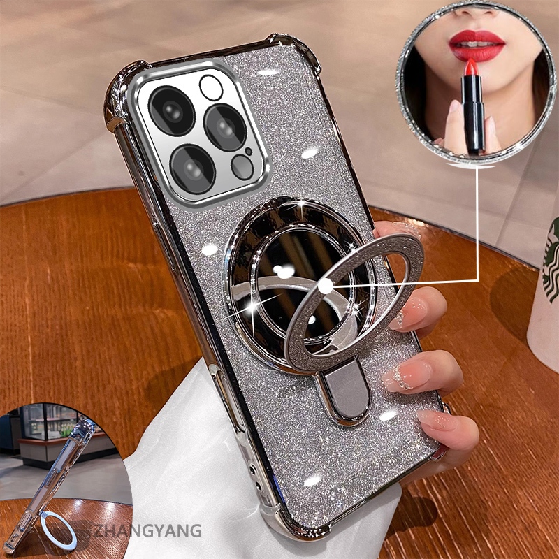 Ốp cho iPhone 15 Pro Max/15 Plus mạ điện, hiệu ứng gương, giá đỡ, silicon TPU chống sốc